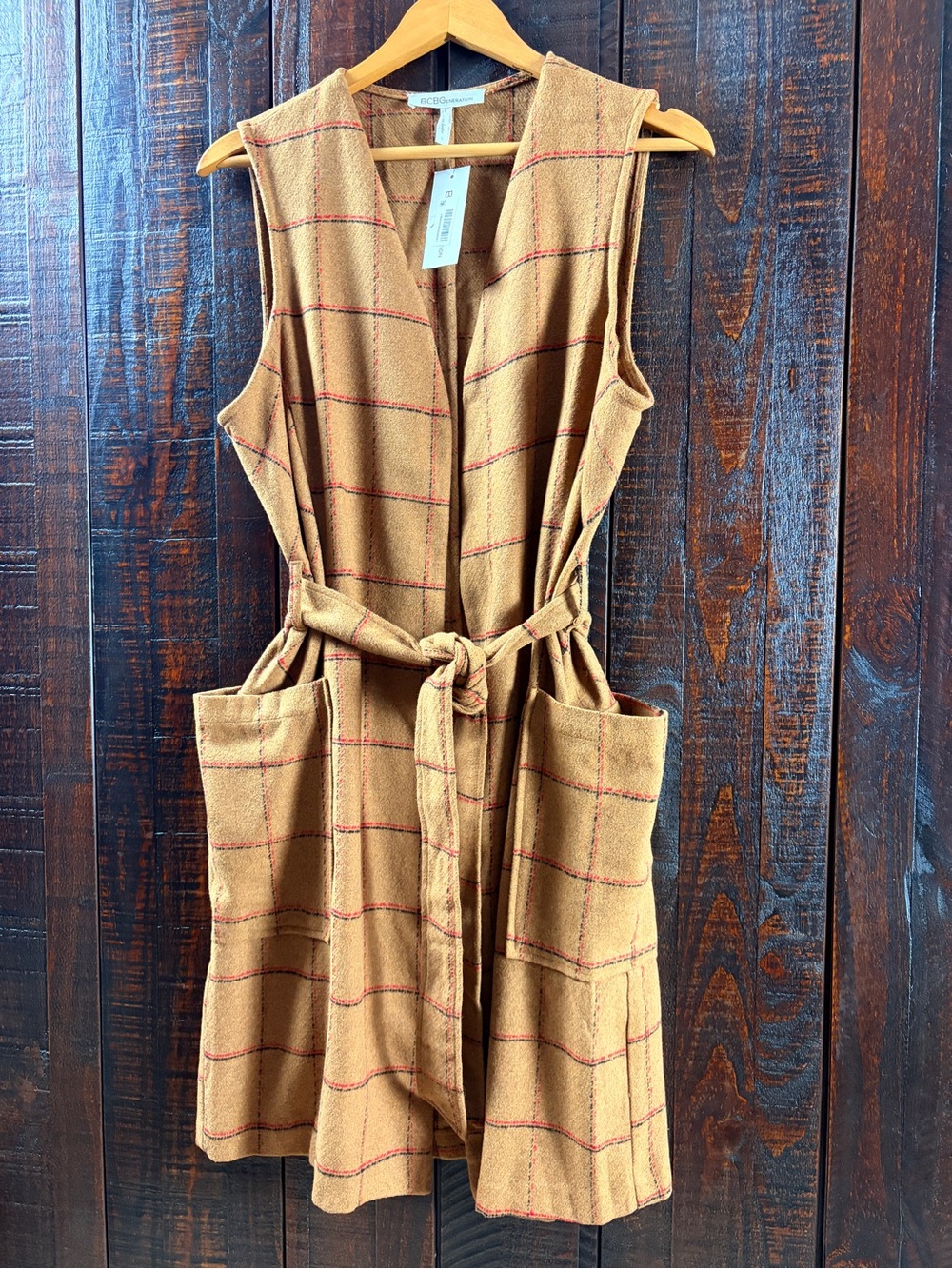 BCBGeneration Tan Plaid Longline Vest Outerwear Duster NWT